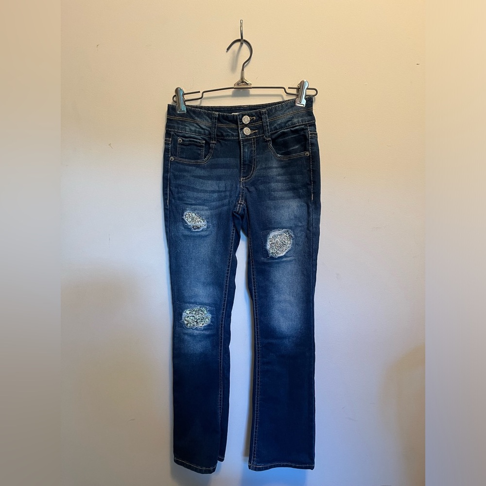 Mudd, girls youth skinny jeans with gems in the rips.